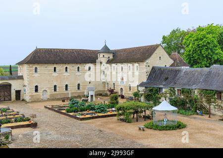Lemere, Loire valley, France - April 25, 2022: Medieval Castle and gardens Le Rivau in Lemere with beautiful vergetable garden and animated art objects indoors and outdoors. Stock Photo