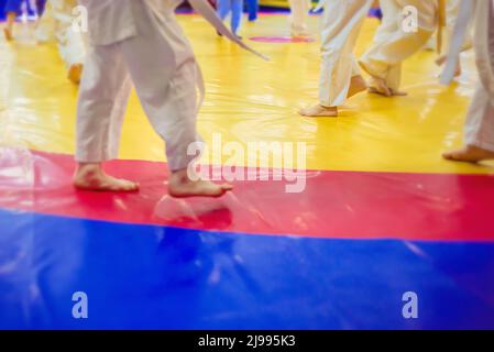 Judo - wrestling, tatami for wrestling, children of sports, legs on a bright colored tatami. Stock Photo