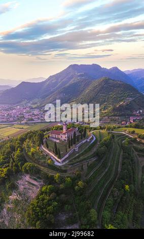 Vertical panoramic aerial view of the Franciacorta countryside, Lombardy, Italy Stock Photo