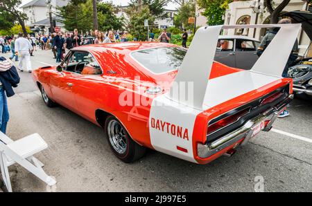 An orange Charger Daytona on display at the 2017 Carmel-by-the-Sea Concours on the Avenue Stock Photo