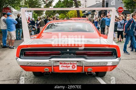 An orange Charger Daytona on display at the 2017 Carmel-by-the-Sea Concours on the Avenue Stock Photo