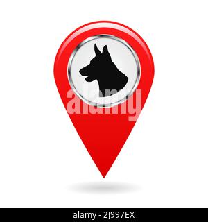 Pointer on the map. Location on the ground protected by dogs. Sign with silhouette of dog s head. Isolated object. Red pointer. White background. Vect Stock Vector