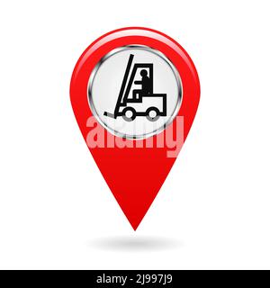 Map pointer. Pointer location forklift movement. Risk of hitting or collision. Safety symbol. Red object on white background. Vector illustration. Stock Vector