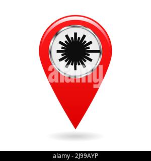 Map pointer. Safety symbol. Index of zones with laser radiation. Location and specify the coordinates on map terrain. Industrial Design. Red object on Stock Vector