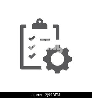 Clipboard with checklist ang gear black icon. Checkmark, tick and cogwheel vector filled symbol. Stock Vector