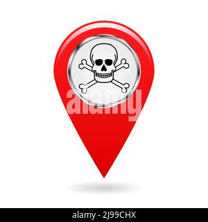 Map pointer. Index of poisonous substances on the area map. safety symbol. Red object on white background. Vector illustration. Stock Vector