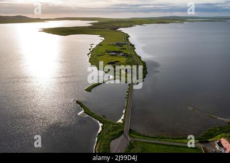 Aerial view of the Ness of Brodgar archaeological site located between  Loch Stenness (left) and Loch Harray, West Mainland, Orkney Islands, Scotland. Stock Photo