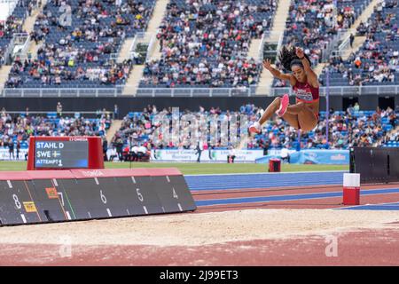 Birmingham, England. 21st May, 2022. Katarina Johnson-Thompson (GBR) in the women’s Long Jump during the Müller Diamond League athletics event at the Alexander Stadium in Birmingham, England. Credit: Sporting Pics / Alamy Live News Stock Photo