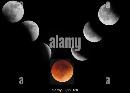 Moon Phases of the 2022 Total Lunar Eclipse Stock Photo