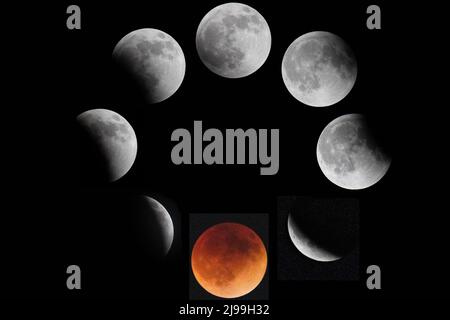 Moon Phases of the 2022 Total Lunar Eclipse Stock Photo