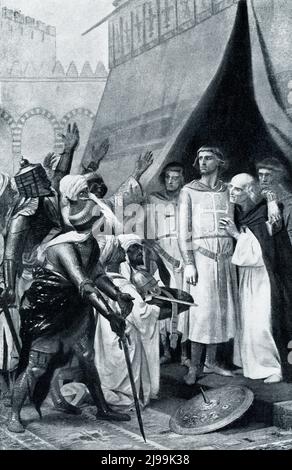 The 1906 caption reads: “MAHOMETANS OF JERUSALEM URGE SAINT LOUIS TO BECOME THEIR KING.—After his release from captivity in Egypt, Louis went to Jerusalem, pledged not to fight against the Mahometans for several years. So deeply, according to legend, did his personal grandeur impress even his enemies, that the Saracens followed him with alternate prayers and menaces, begging him to abandon Christianity and become their king.” Mohammedan is a term for a follower of Muhammad, the Islamic prophet. Louis IX, commonly known as Saint Louis or Louis the Saint, was King of France from 1226 to 1270, an Stock Photo