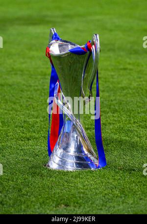 TURIN, ITALY. 21 MAY 2022. The WUCL trophy during the UEFA Women's Champions League final 2022 between FC Barcelona and Olympique Lyonnais on May 21, 2022 at Juventus Stadium in Turin, Italy. Barcelona lost 1-3 over Olympique Lyonnais. Credit: Massimiliano Ferraro/Medialys Images/Alamy Live News Stock Photo