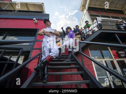 Balitmore, United States. 21st May, 2022. Jockeys waiting to ride in The Sir Barton Stakes wait for the call to post at the Pimlico Race Course in Baltimore, Maryland on Saturday, May 21, 2022. Photo by Bonnie Cash/UPI Credit: UPI/Alamy Live News Stock Photo