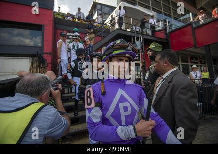 Balitmore, United States. 21st May, 2022. Jockeys riding in The Sir Barton Stakes head to the track at the Pimlico Race Course in Baltimore, Maryland on Saturday, May 21, 2022. Photo by Bonnie Cash/UPI Credit: UPI/Alamy Live News Stock Photo