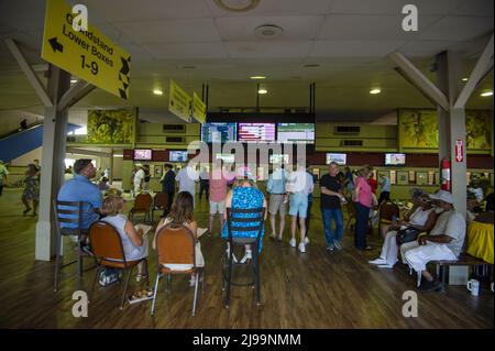 Balitmore, United States. 21st May, 2022. People gather around televisions and scan through programs before placing their bets at the Pimlico Race Course in Baltimore, Maryland on Saturday, May 21, 2022. Photo by Bonnie Cash/UPI Credit: UPI/Alamy Live News Stock Photo