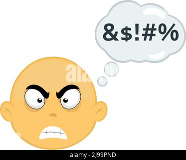 Vector illustration of a yellow, bald, cartoon character face with an angry expression and a thought bubble with an insult text Stock Vector