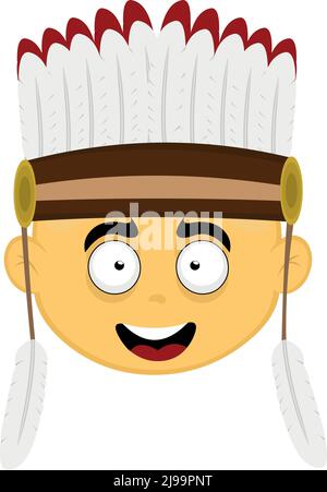 Vector illustration of the face of a yellow cartoon character with a hat of indigenous cacique plumes Stock Vector