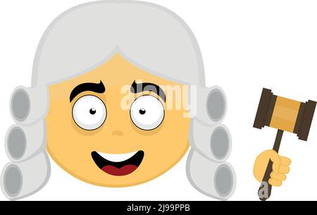 Vector illustration of the face of a yellow cartoon character, with a hammer and judge wig Stock Vector