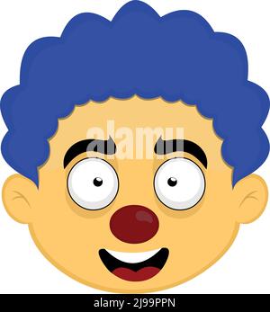 Vector illustration of the face of a yellow cartoon clown with a blue wig Stock Vector