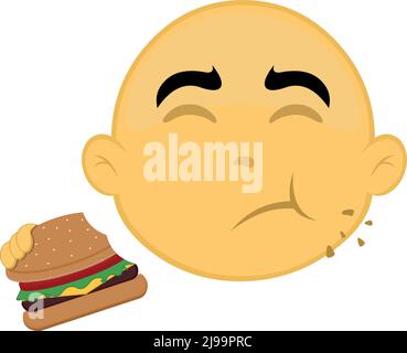 Vector illustration of the face of a yellow and bald cartoon character, eating a hamburger Stock Vector