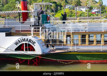 Wanganui New Zealand - April 9 2022; Wanganui River paddle-steamer Waimarie in dock, used for tourist cruises up river. Stock Photo