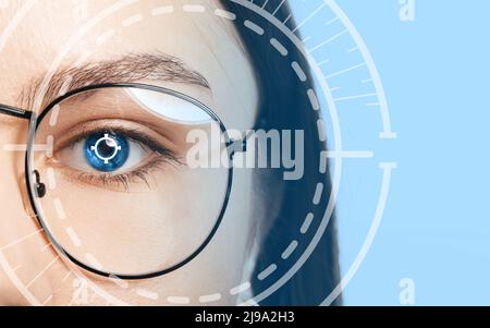 Young woman with iris scanning, closeup view Stock Photo