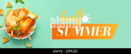 Tasty melon ice cream with text HELLO SUMMER on turquoise background Stock Photo