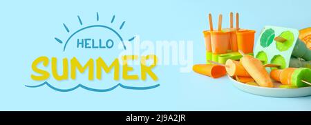 Tasty melon ice cream with text HELLO SUMMER on blue background Stock Photo