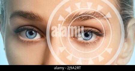 Young woman with iris scanning, closeup view Stock Photo