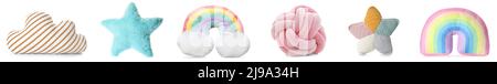 Set of different creative soft pillows on white background Stock Photo