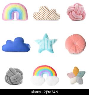 Set of different creative soft pillows on white background Stock Photo