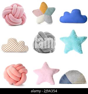 Set of different creative soft pillows isolated on white Stock Photo