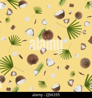 Many coconuts and tropical leaves on beige background. Texture for design Stock Photo