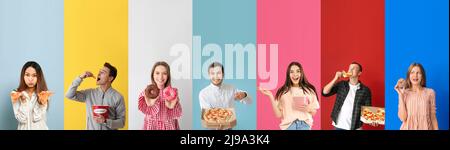 Set of young people eating fast food on colorful background Stock Photo