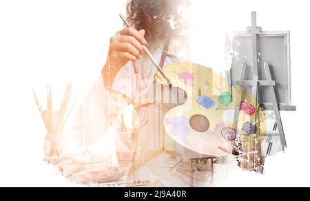 Collage with artist, drawing easel and paints on white background Stock Photo