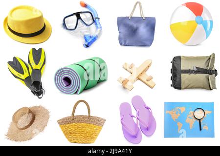 Set of travel accessories isolated on white Stock Photo