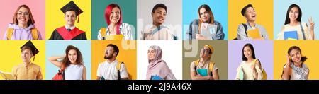 Collage with many happy students on colorful background Stock Photo
