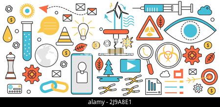 Green energy development. Science technology to generate electricity with wind mill, renewable electric power production and environmental research in infographic concept banner, thin line art design Stock Vector