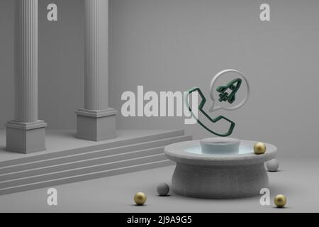 Beautiful abstract illustrations Phone with messenger rocket symbol icon on a fountain and column background. 3d rendering illustration. Seo And Busin Stock Photo