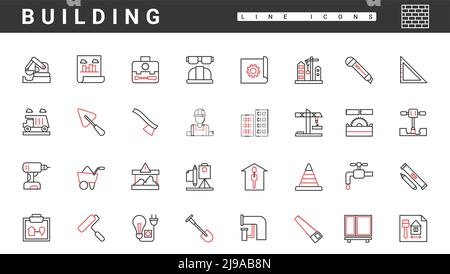 Building construction and repair, thin red and black line icons set vector illustration. Abstract builders in helmet, equipment and machines for works, water supply and electricity engineering Stock Vector