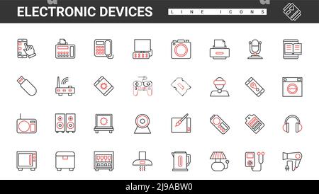 Electronic devices for home and office thin red and black line icons set vector illustration. Abstract simple smart photo, music and game modern equipment and appliances, computers and phones Stock Vector