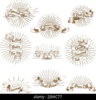 Sketch sale vintage ribbon collection with promotional inscriptions and sunbursts on white background isolated vector illustration Stock Vector