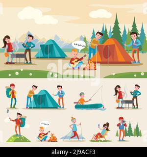 Traveling camping composition with relaxing eating fishing walking photographing singing and drinking tourists on outdoor recreation vector illustrati Stock Vector