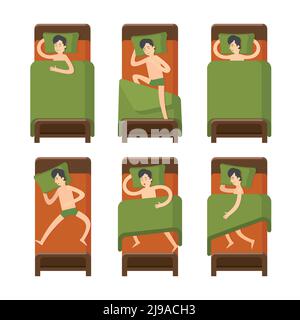 Sleeping man set lying on comfortable bed in different poses in flat style isolated vector illustration Stock Vector