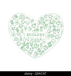 Earth save sketch green concept with ecologic and environmental elements in heart shape isolated vector illustration Stock Vector