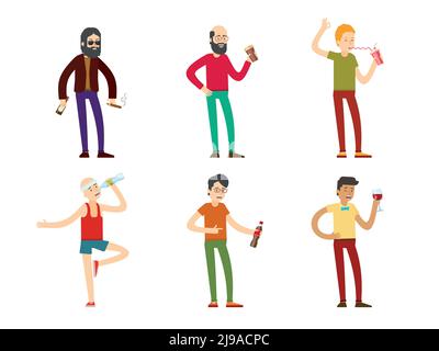 Drinking men collection of different lifestyle with various beverages in flat style isolated vector illustration Stock Vector