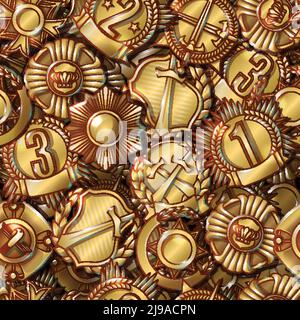 Military medals seamless pattern with gold awards and trophies of different shapes in cartoon style vector illustration Stock Vector