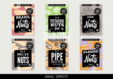 Sketch natural healthy food posters with nuts of different types and sorts in vintage style vector illustration Stock Vector