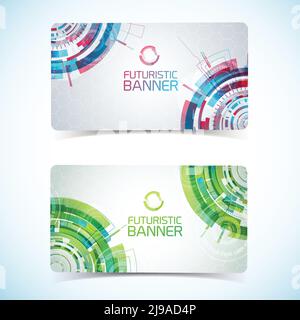 Two modern virtual technology tight horizontal banners set with futuristic background elements circles club card design vector illustration Stock Vector