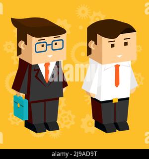 Square businessmen. 3D characters for business infographics, dressed in business suits on the orange background Stock Vector